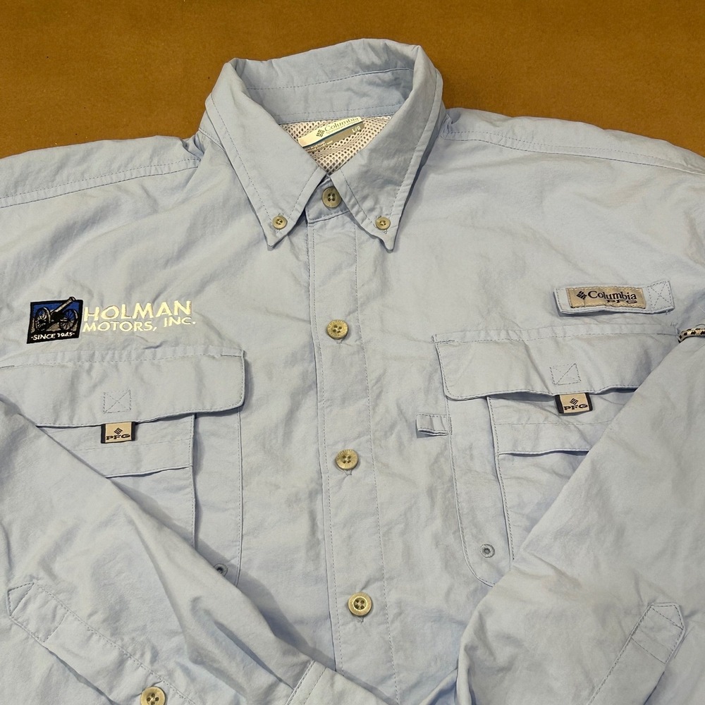 Columbia Blue PFG Omni Shade Fishing Shirt Mens Large w/company logo - Picture 5 of 11